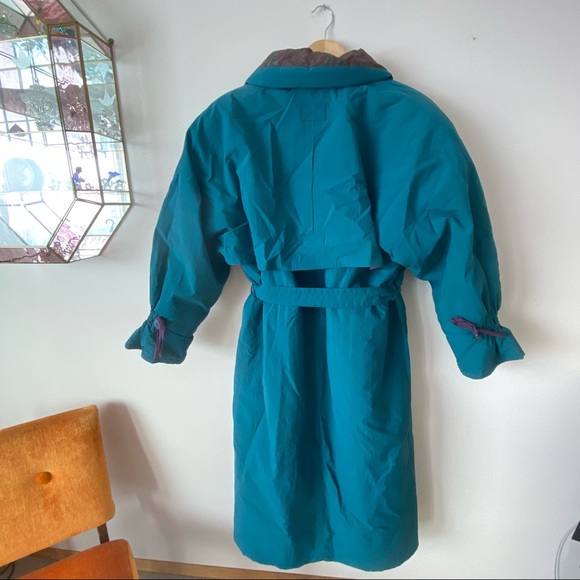 Vintage Long Trench Winter Jacket Teal and Purple with waist tie and zipper - Picture 8 of 15